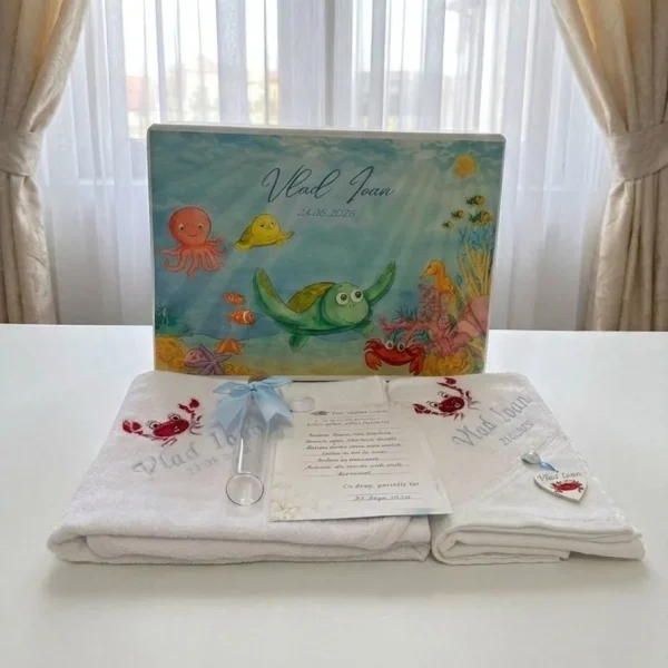 trusou botez tema marina, trusou fara lumanare, trusou in cutie de lemn cu pesti