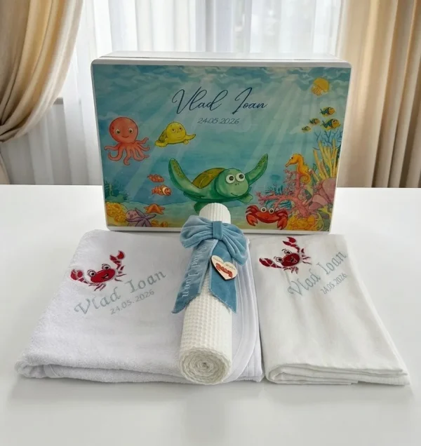 trusou cu tema marina, trusou botez recif, corali, broasca testoasa, pesti