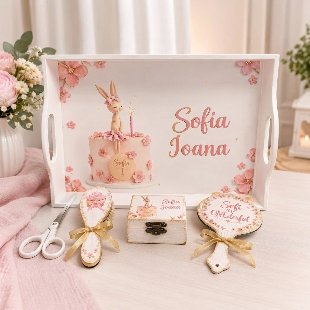 Set turta fete cu iepuras pe tort roz, tavita alba personalizata Sofia Ioana, perie, oglinda, cutiuta pentru suvita si forfecuta
