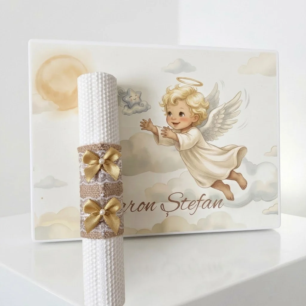 Trusou botez model Ingeras Auriu cu cutie de lemn personalizata Aaron Stefan si lumanare fagure cu fundite aurii