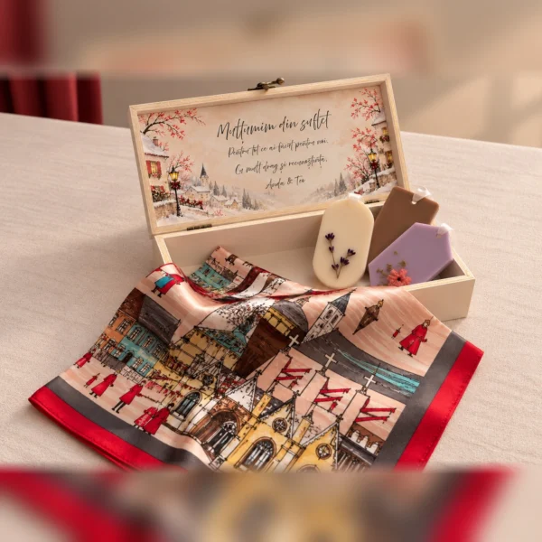 Cutie deschisă: interiorul capacului cu sat de iarnă și mesaj de mulțumire, 3 od Cutie deschisă: interiorul capacului cu sat de iarnă și mesaj de mulțumire, 3 odorizante în cutie și eșarfa pusă peste margine