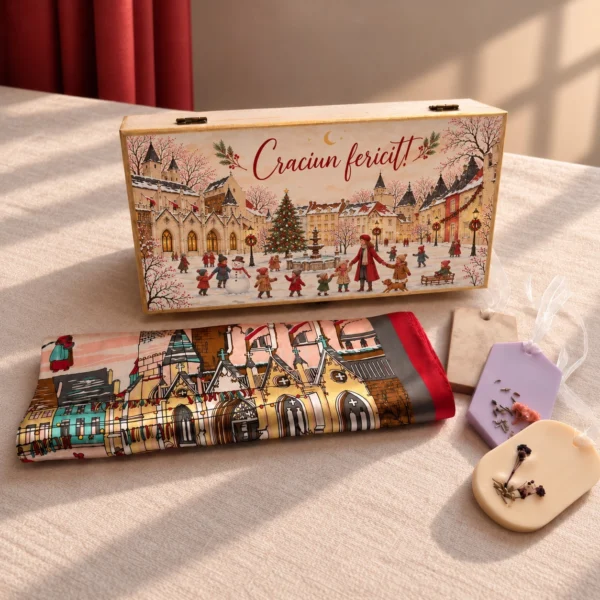 Cutie de lemn cu capac de Crăciun și orășel înzăpezit, eșarfă din mătase cu oraș Cutie de lemn cu capac de Crăciun și orășel înzăpezit, eșarfă din mătase cu oraș de iarnă și 3 odorizante de dulap