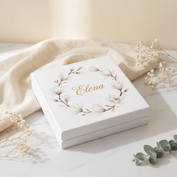 Caseta de bijuterii personalizata pentru nasa, model Magnolie Alba: cununa de magnolii albe cu numele in auriu pe capac