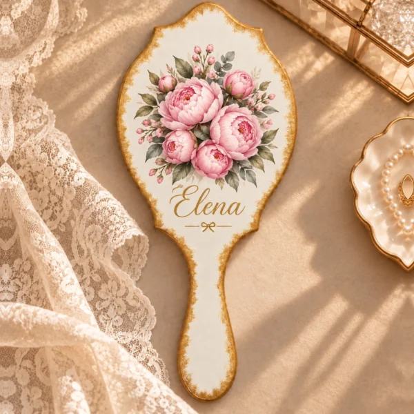 Oglindă albă cu margine aurie, cu un buchet de bujori roz, muguri și frunze verz Oglindă albă cu margine aurie, cu un buchet de bujori roz, muguri și frunze verzi-cenușii, numele în auriu cursiv și fundiță