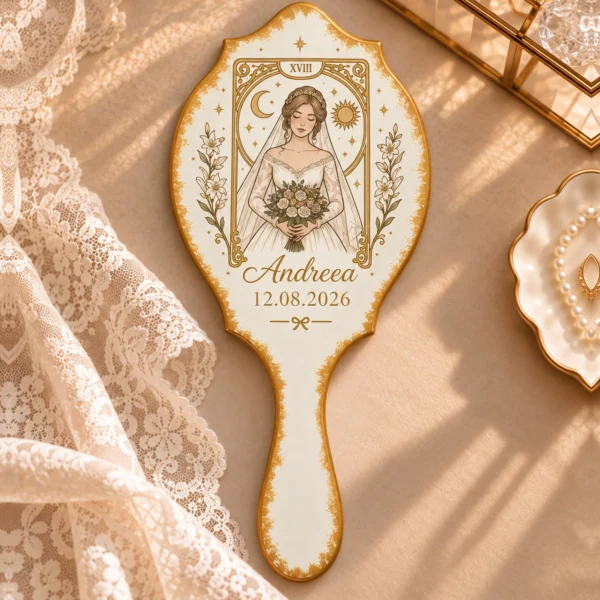 Oglindă albă cu margine aurie, cu o carte de tarot cu ramă aurie, mireasa cu voa Oglindă albă cu margine aurie, cu o carte de tarot cu ramă aurie, mireasa cu voal și buchet între lună, soare, stele și crini