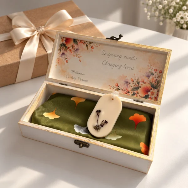 Interiorul cutiei cu flori de toamna si mesaj personalizat, esarfa de Interiorul cutiei cu flori de toamna si mesaj personalizat, esarfa de satin verde cu ginkgo si odorizant de dulap