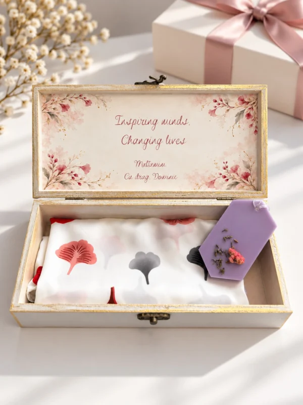 Interiorul cutiei cu flori roz si mesaj personalizat, esarfa de satin Interiorul cutiei cu flori roz si mesaj personalizat, esarfa de satin alba cu frunze de ginkgo si odorizant de dulap lila