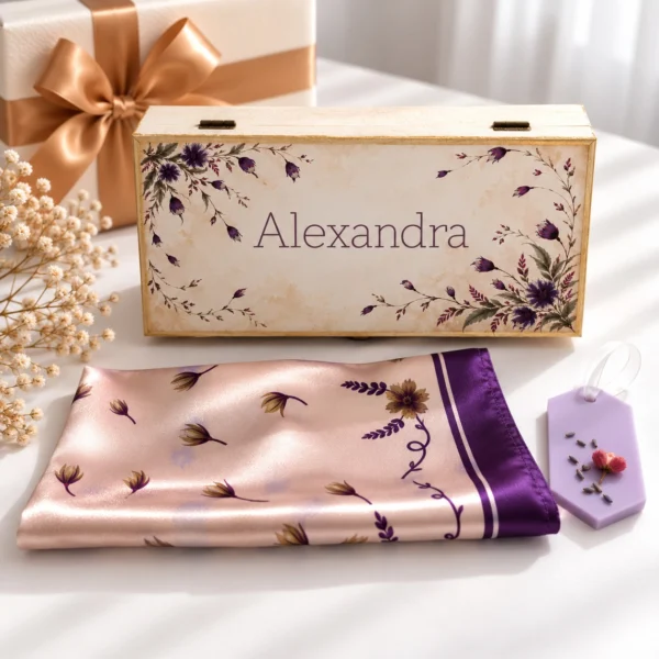 Set cadou cu cutie de lemn personalizata cu numele si flori mov pe cap Set cadou cu cutie de lemn personalizata cu numele si flori mov pe capac, esarfa de satin roz cu flori mov si odorizant de dulap lila