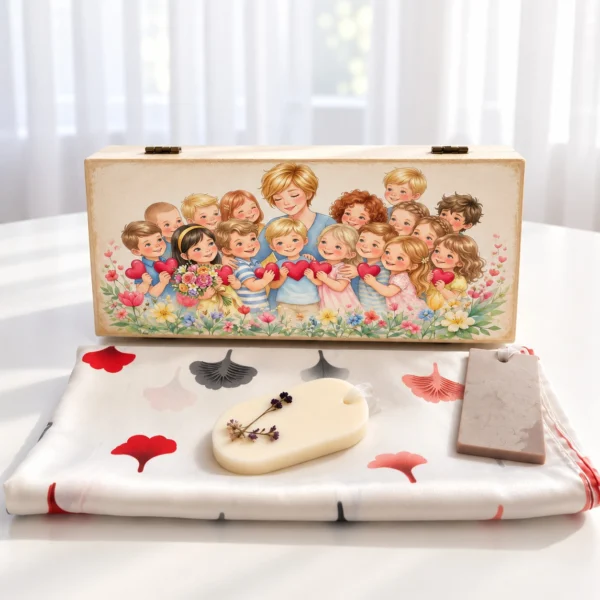 Set cadou educatoare sau invatatoare: cutie de lemn personalizata cu ilustratie cu doamna si clasa de copii, esarfa de satin alba cu frunze de ginkgo si odorizant de dulap din ceara de soia