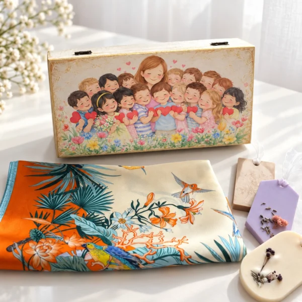 Set cadou educatoare premium: cutie de lemn cu ilustratia doamnei si a Set cadou educatoare premium: cutie de lemn cu ilustratia doamnei si a clasei pe capac, esarfa de matase naturala cu pasari si flori tropicale, 3 odorizante de dulap