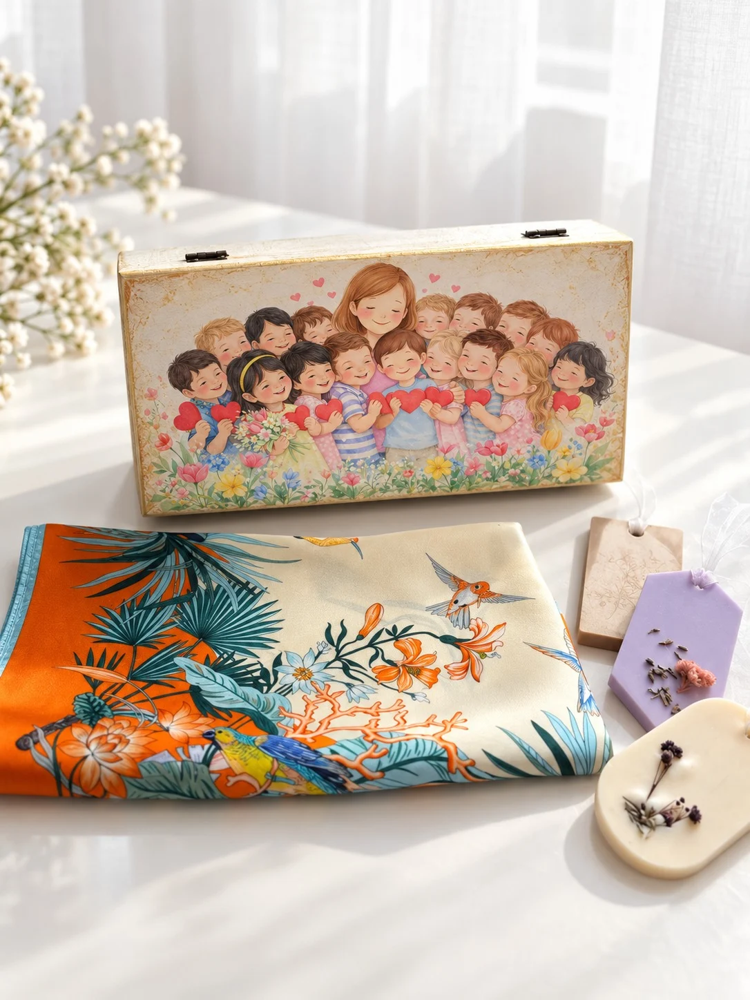 Set cadou educatoare premium: cutie de lemn cu ilustratia doamnei si a clasei pe capac, esarfa de matase naturala cu pasari si flori tropicale, 3 odorizante de dulap