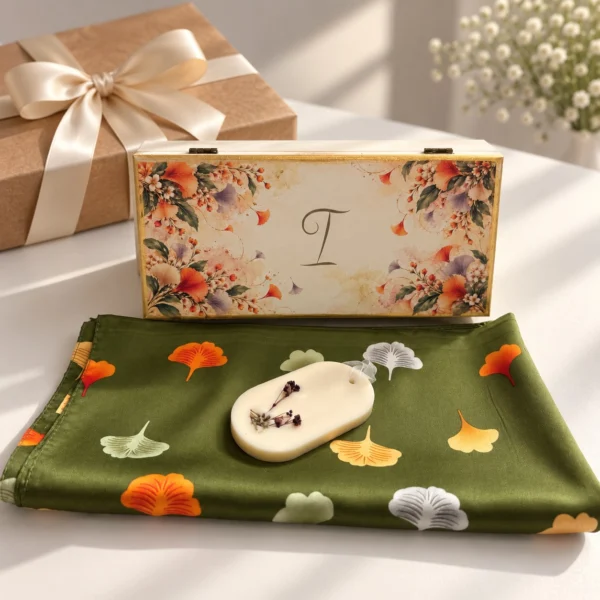 Set cadou femei: cutie de lemn cu initiala si flori de toamna pe capac Set cadou femei: cutie de lemn cu initiala si flori de toamna pe capac, esarfa de satin verde cu frunze de ginkgo si odorizant de dulap