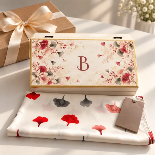 Set cadou femei: cutie de lemn cu initiala si frunze de ginkgo rosii p Set cadou femei: cutie de lemn cu initiala si frunze de ginkgo rosii pe capac, esarfa de satin alba cu ginkgo si odorizant de dulap