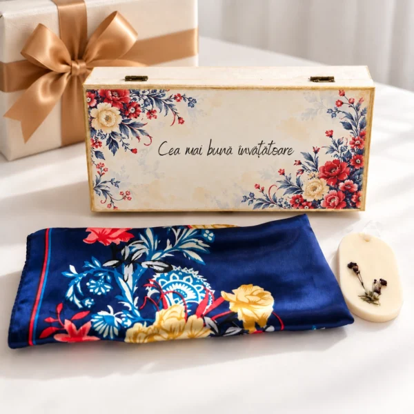 Set cadou invatatoare Cea mai buna invatatoare: cutie de lemn cu flori Set cadou invatatoare Cea mai buna invatatoare: cutie de lemn cu flori rosii si albastre pe capac, esarfa de satin bleumarin cu flori si odorizant de dulap
