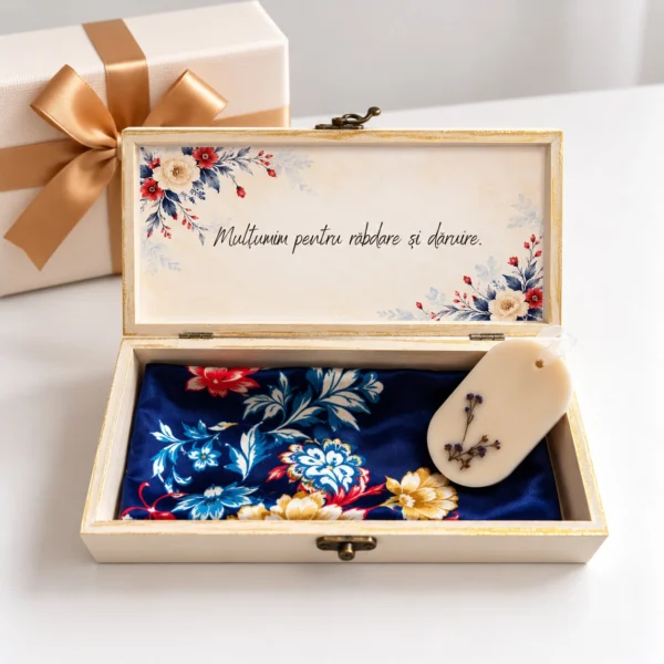 Interiorul cutiei Flori de Camp cu mesajul Multumim pentru rabdare si Interiorul cutiei Flori de Camp cu mesajul Multumim pentru rabdare si daruire, esarfa de satin bleumarin cu flori si odorizant de dulap