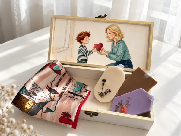 Set cadou pentru mama sau nasa: cutie de lemn personalizata cu ilustratia unui copil care ofera o inima mamei, esarfa de matase naturala si 3 odorizante de dulap din ceara de soia