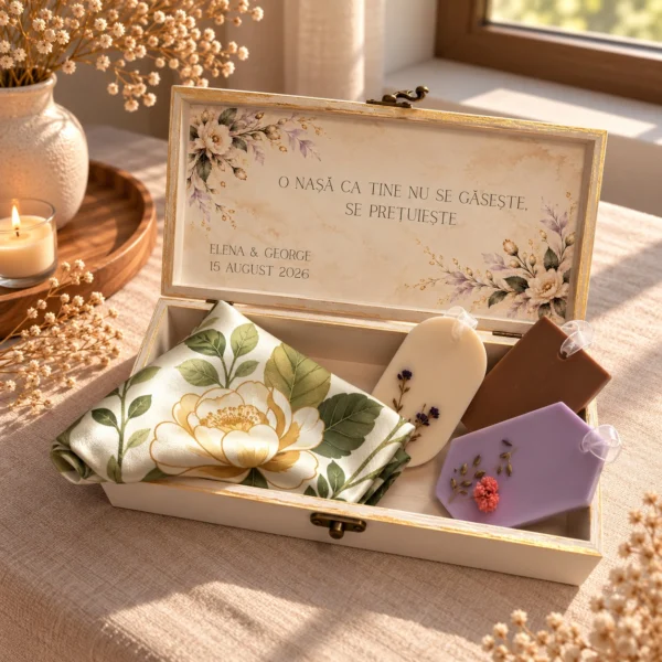 Set cadou pentru nasa: interiorul cutiei de lemn cu mesajul O nasa ca Set cadou pentru nasa: interiorul cutiei de lemn cu mesajul O nasa ca tine nu se gaseste, se pretuieste, esarfa de matase naturala crem cu bujor si 3 odorizante de dulap