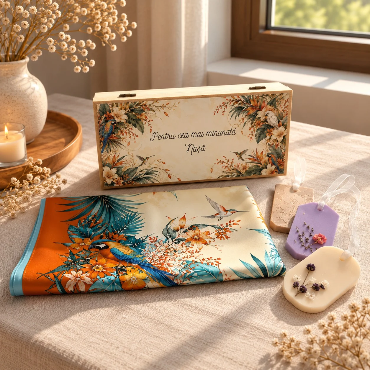 Set cadou nasa model Pasari Tropicale: cutie de lemn cu papagali, colibri si flori pe capac, mesajul Pentru cea mai minunata Nasa, esarfa de matase naturala cu papagal si 3 odorizante de dulap