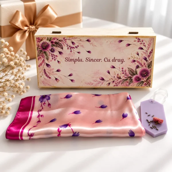 Set cadou pentru prietena: cutie de lemn cu flori roz si mesajul Simpl Set cadou pentru prietena: cutie de lemn cu flori roz si mesajul Simplu. Sincer. Cu drag., esarfa de satin roz si odorizant de dulap lila