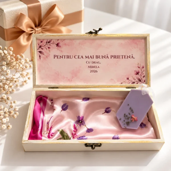 Interiorul cutiei cu mesajul Pentru cea mai buna prietena, esarfa de s Interiorul cutiei cu mesajul Pentru cea mai buna prietena, esarfa de satin roz cu flori mov si odorizant de dulap