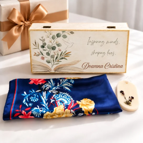 Set cadou profesoara: cutie de lemn personalizata cu porumbel, carte deschisa si ramuri inflorite, numele doamnei pe capac, esarfa de satin bleumarin cu flori si odorizant de dulap