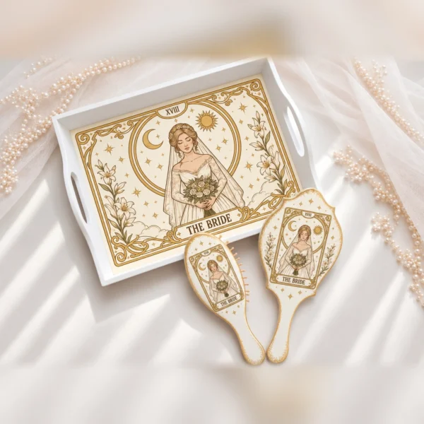 Tavă albă, oglindă și perie cu o carte de tarot cu ramă aurie, mireasa cu voal ș Tavă albă, oglindă și perie cu o carte de tarot cu ramă aurie, mireasa cu voal și buchet între lună, soare și crini