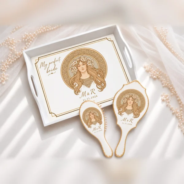 Tavă crem cu chenar auriu, oglindă și perie cu portret Art Nouveau al unei femei Tavă crem cu chenar auriu, oglindă și perie cu portret Art Nouveau al unei femei cu coroniță de flori în medalion, inițiale M & R