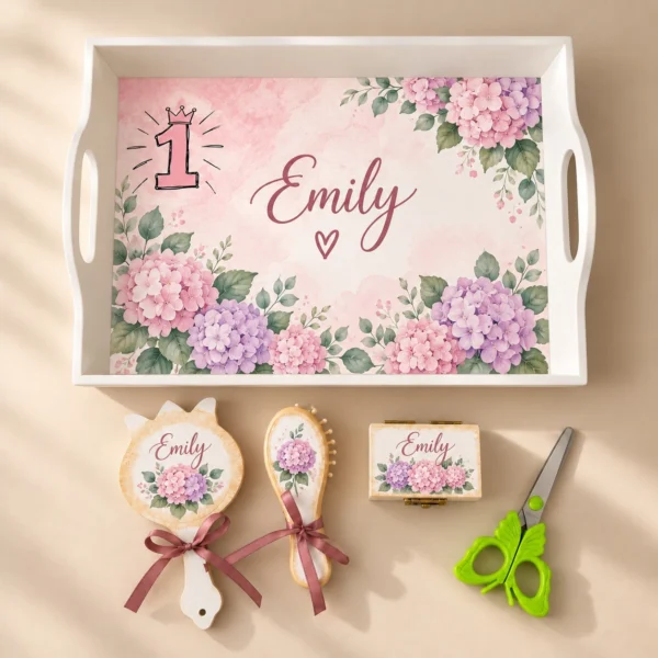 Tăviță turtă personalizată cu hortensii roz și lila și cifra 1 cu coroniță, alături de oglindă, perie, cutiuță și forfecuță