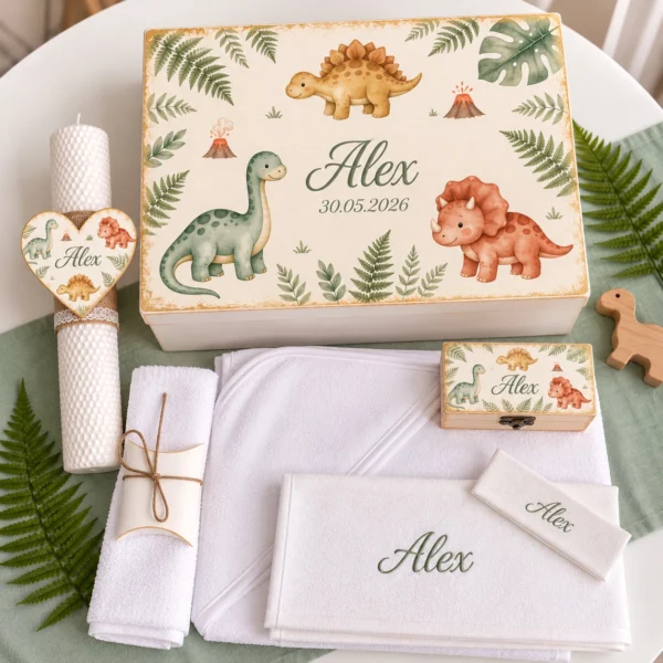 Trusou botez complet model Dinozauri Pastel: cutie de lemn personalizata cu numele si data botezului, lumanare fagure cu inima, prosop cu capison brodat, panza de mir, fasa, cutiuta prima suvita, sticluta mir