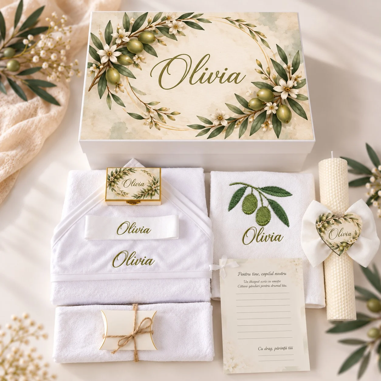 Trusou botez complet model Coroana de Măsline: cutie de lemn personalizată cu numele, lumânare fagure cu inimioară, prosop cu capișon brodat, pânză de mir, fașă, cutiuță prima șuviță