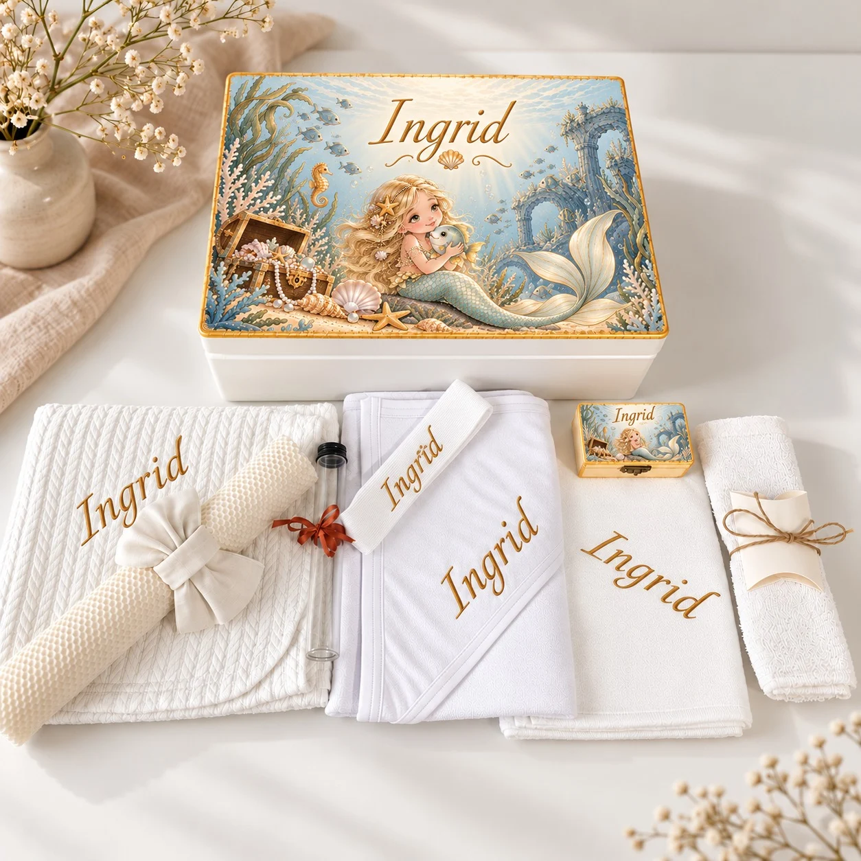 Trusou botez complet fete model Sirena cu Comoara: cutie de lemn personalizată cu numele, lumânare fagure, prosop cu capișon brodat, pânză de mir, fașă, cutiuță prima șuviță, sticluță mir