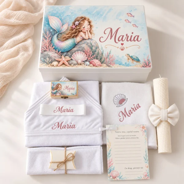 Trusou botez complet fete model Sirena Visătoare: cutie de lemn personalizată cu numele, lumânare fagure, prosop cu capișon brodat, pânză de mir, fașă, cutiuță prima șuviță