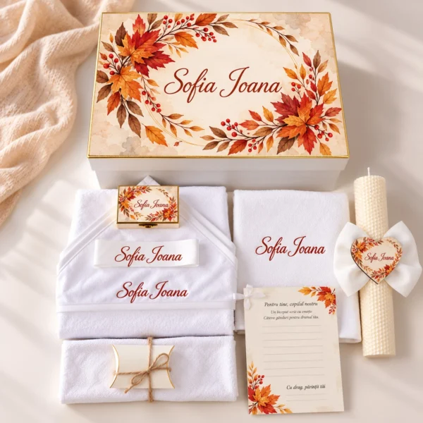 Trusou botez complet model Frunze de Toamnă: cutie de lemn personalizată cu numele, lumânare fagure cu inimioară, prosop cu capișon brodat, pânză de mir, fașă, cutiuță prima șuviță