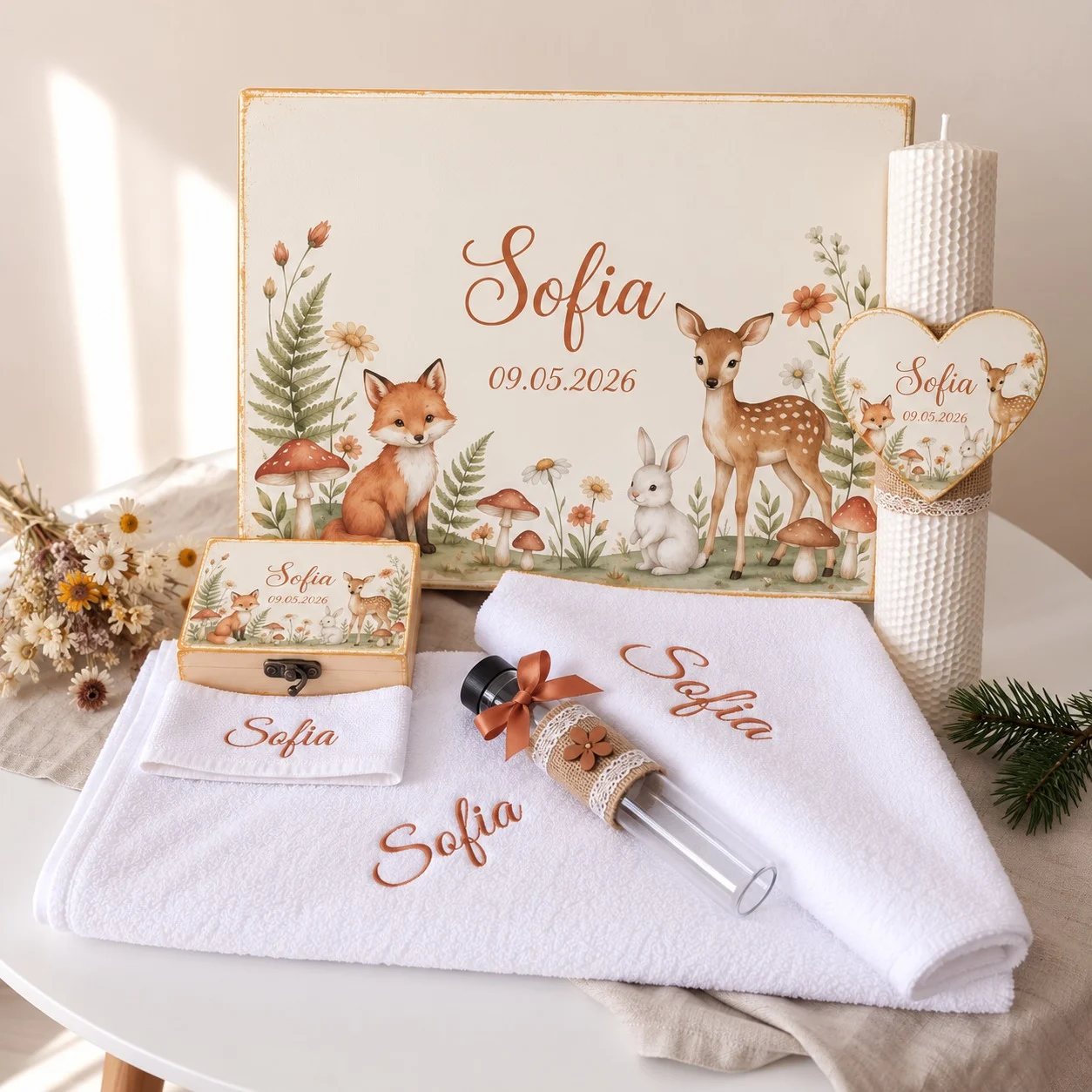 Trusou botez complet model Pădurea Fermecată: cutie de lemn personalizata cu numele si data botezului, lumanare fagure cu inima, prosop cu capison brodat, panza de mir, fasa, cutiuta prima suvita, sticluta mir